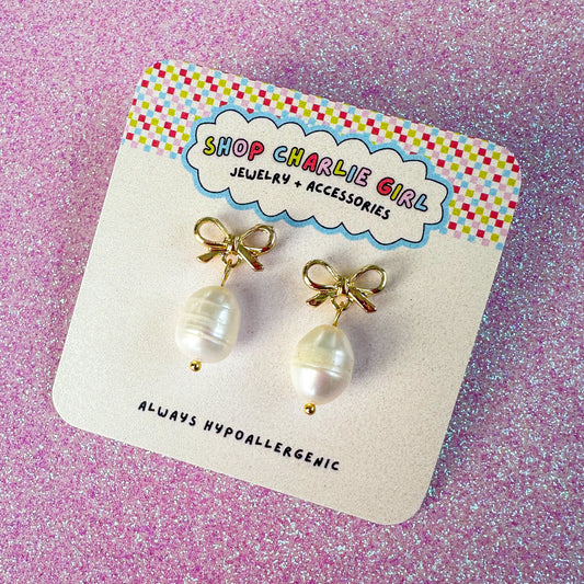 Dainty Freshwater Pearl Bow Post Earrings