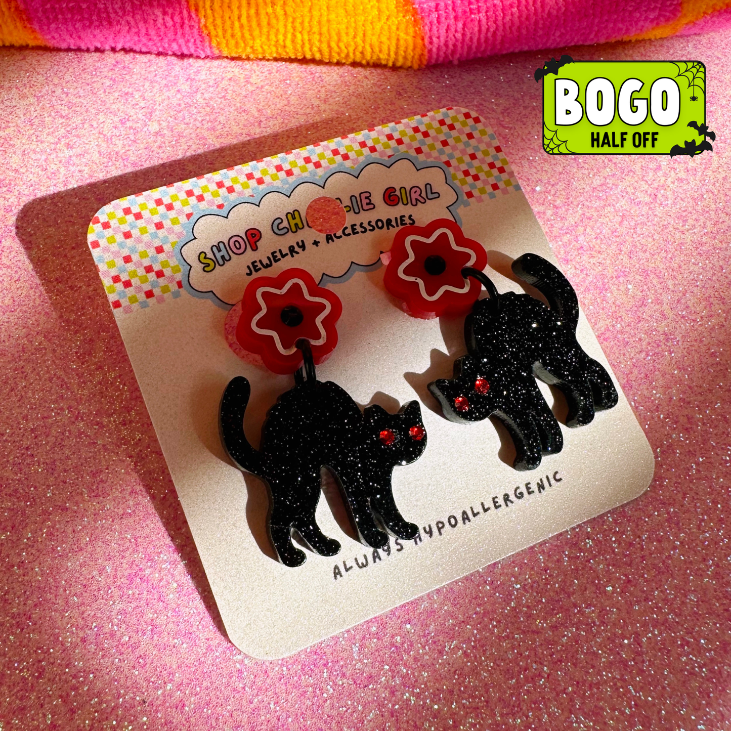 Spooky Black Cat Acrylic Earrings