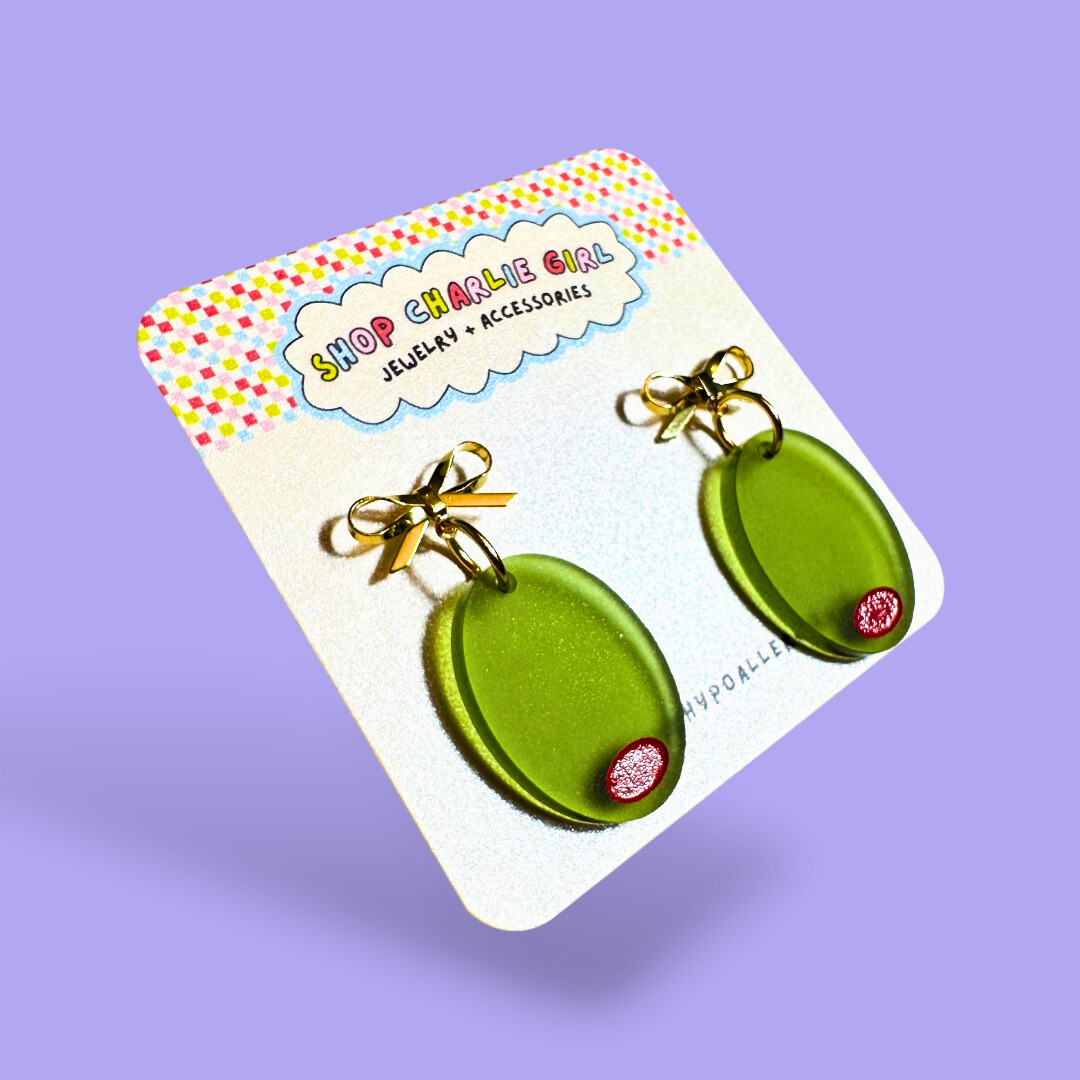 Green Olive + Bow Acrylic Earrings