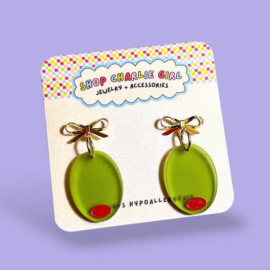 Green Olive + Bow Acrylic Earrings