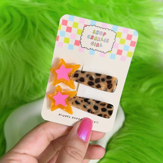 Y2k Pink + Orange Star Hair Clip Set
