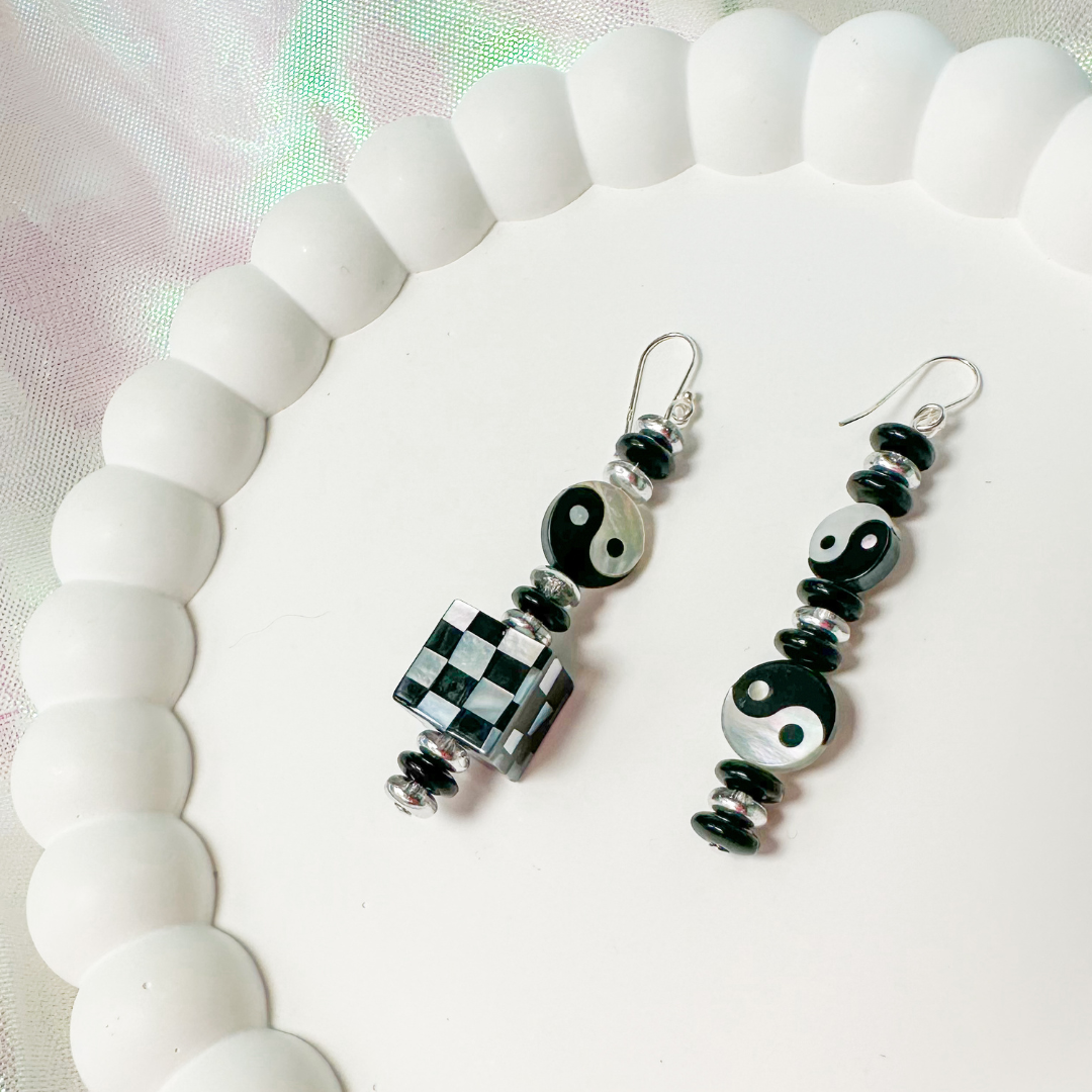 Sterling Silver and mother of pearl checkered beaded earrings style 01