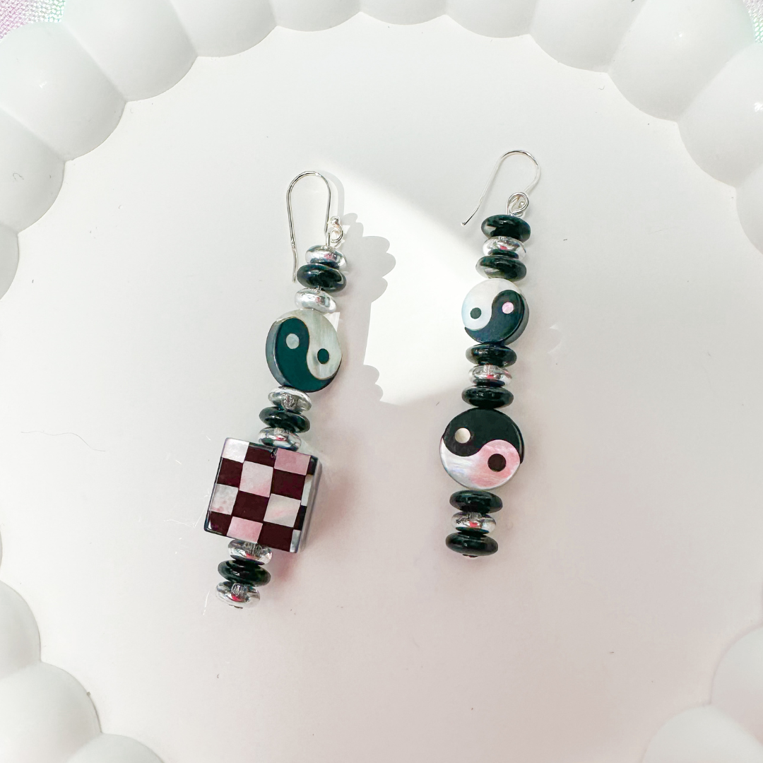 Sterling Silver and mother of pearl checkered beaded earrings style 01