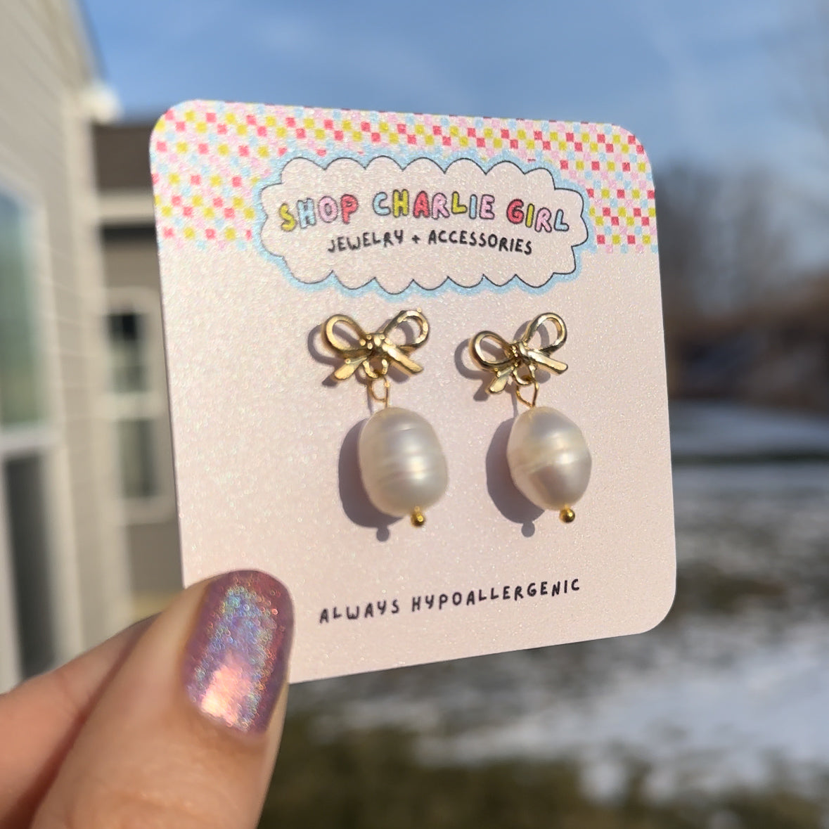 Dainty Bow + Pearl Earrings