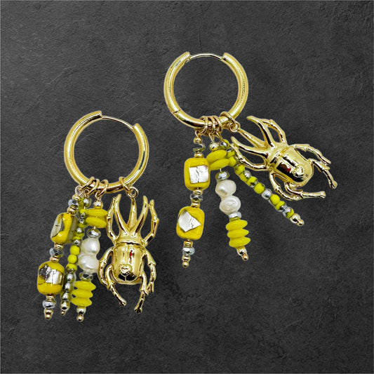 Gold Filled Big Beetle Beaded Earrings